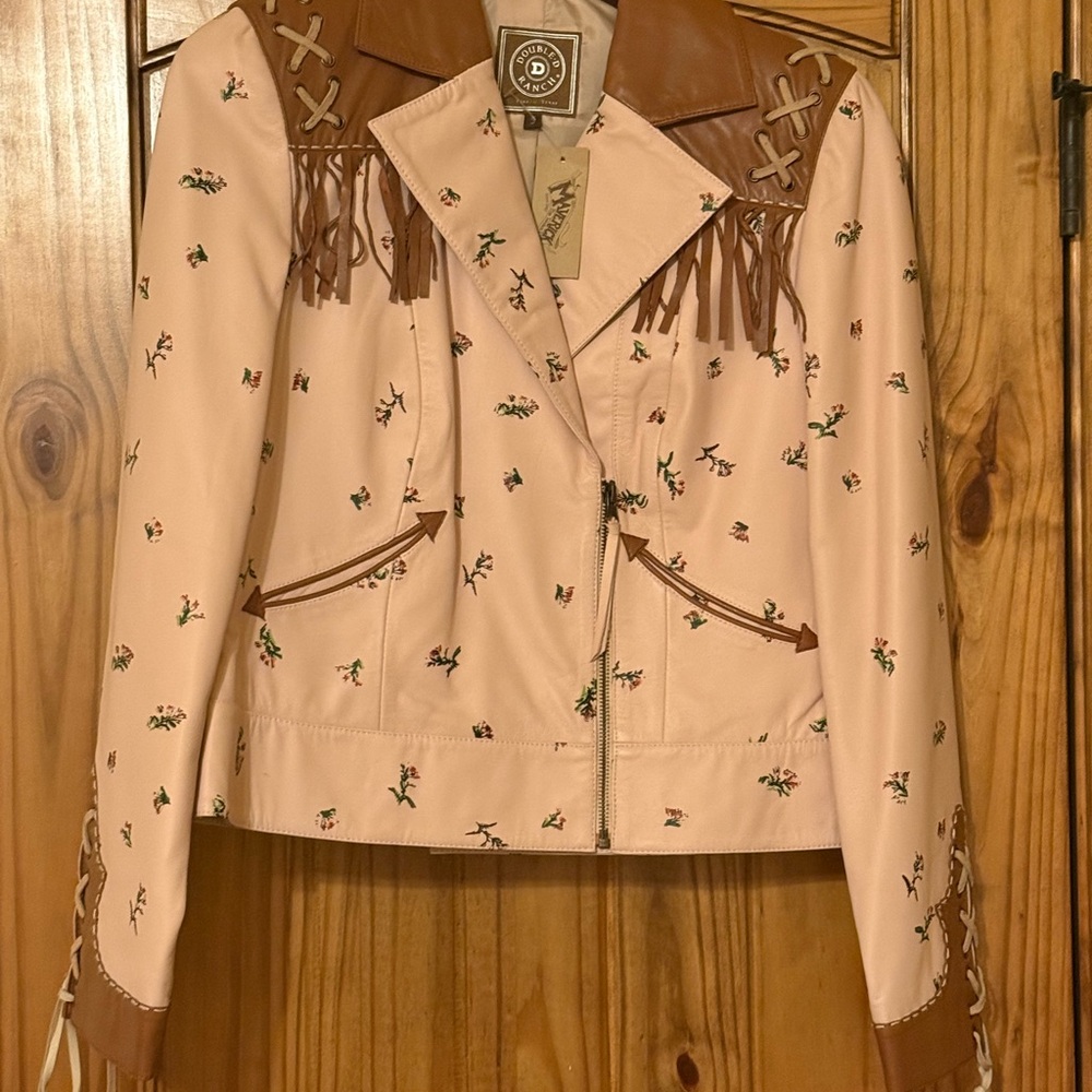 Double D Ranch Leather Fringe Jacket Floral Embroidered Western NWT Small
